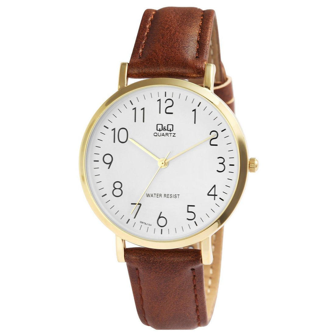 Q&Q Herrenuhr mit Lederimitationsarmband in braun/goldfarben, 3 bar