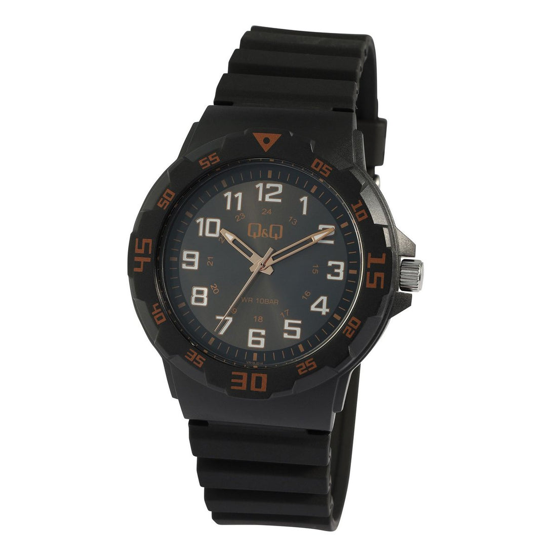 Q&Q Herrenuhr, Kunststoff, Silikonarmband, Ø 43 mm, schwarz/ braune Details