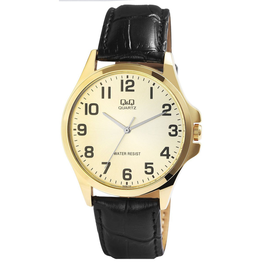 Q&Q Herrenuhr mit Lederimitationsarmband in schwarz/goldfarben, 3 bar