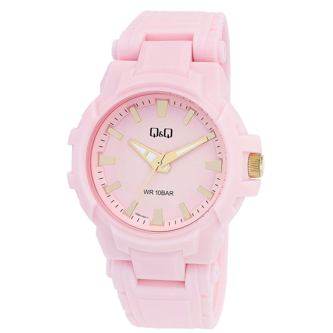 Q&Q Damenuhr, Kunststoff, Silikonband, Ø 44 mm, rosa (goldfarben)