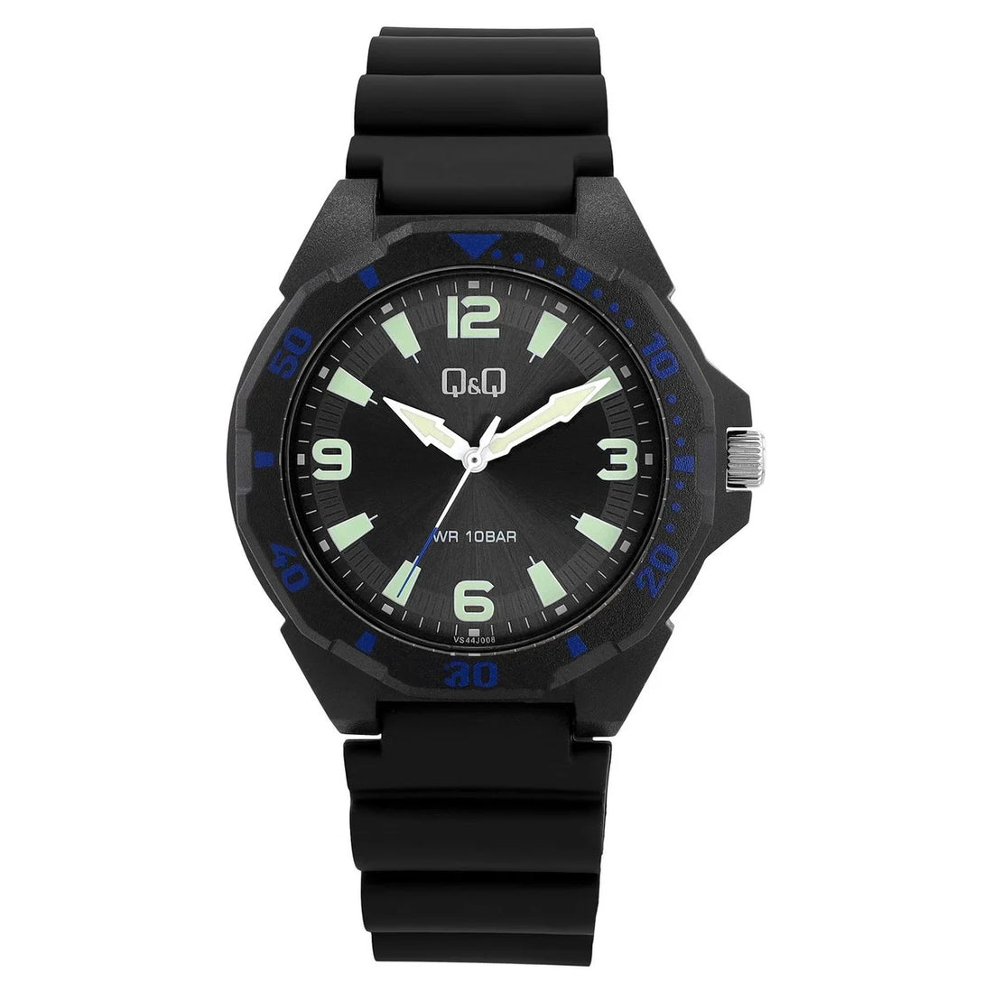 Q&Q Herrenuhr, Resinband, Ø 43 mm, schwarz/ blaue Details