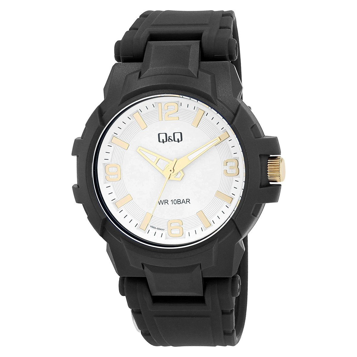 Q&Q Herrenuhr, Kunststoff, Silikonband, Ø 44 mm, schwarz/ weiß (goldfarben)