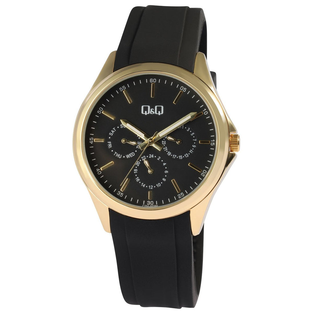 Q&Q Damenuhr mit Silikonarmband, 5bar, schwarz/ goldfarben
