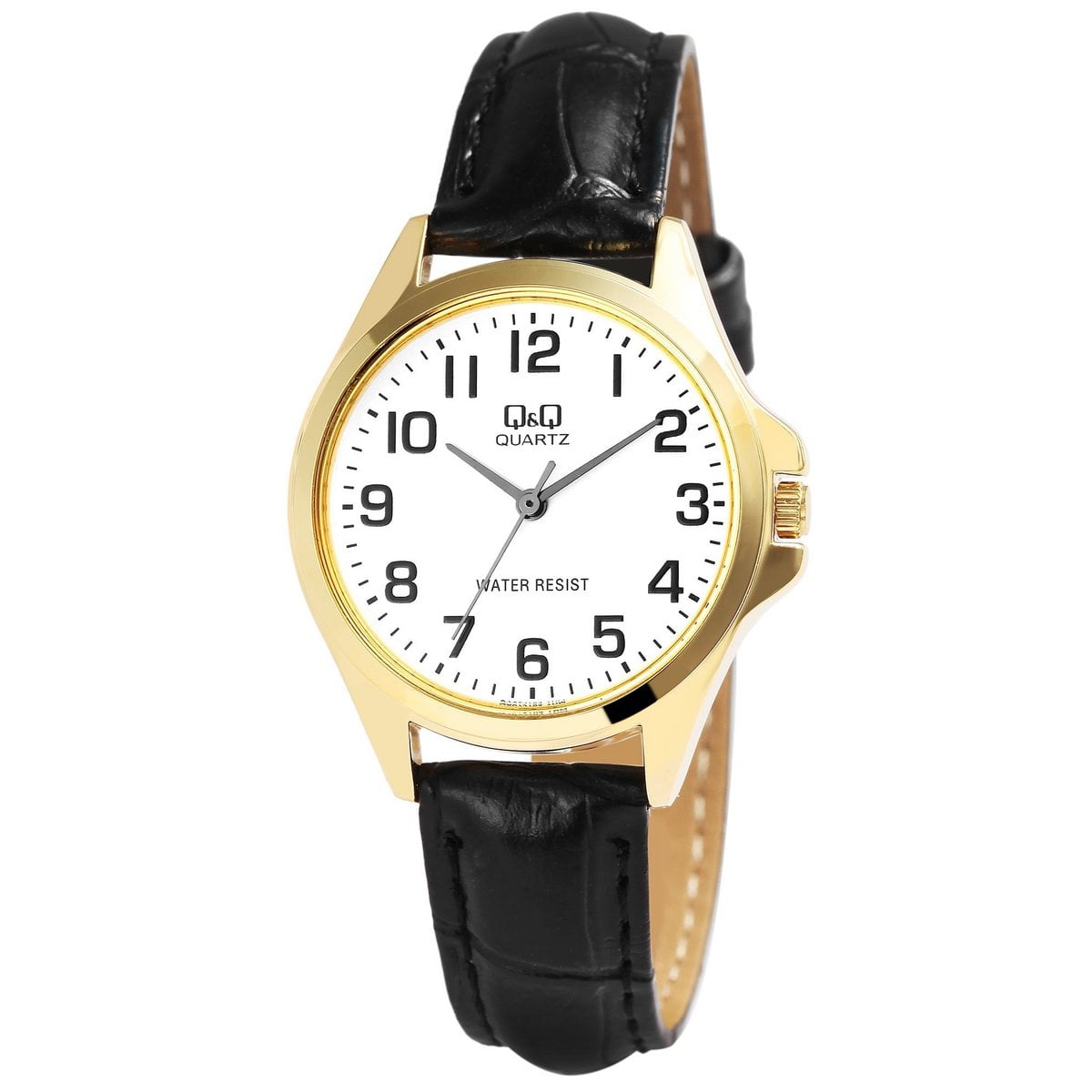 Q&amp;Q Damenuhr mit Lederimitationsarmband in schwarz/goldfarben, 3 bar