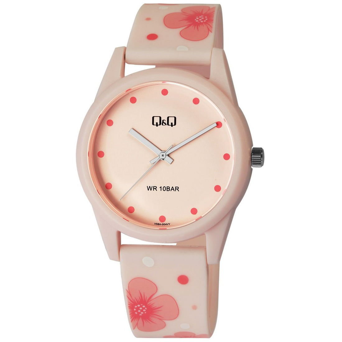 Q&amp;Q Damenuhr mit Silikonarmband, Ø 39 mm, rosa/ Blumendesign