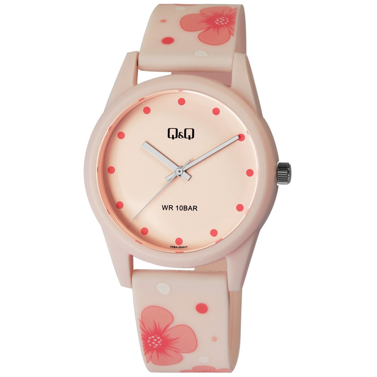 Q&amp;Q Damenuhr mit Silikonarmband, Ø 39 mm, rosa/ Blumendesign