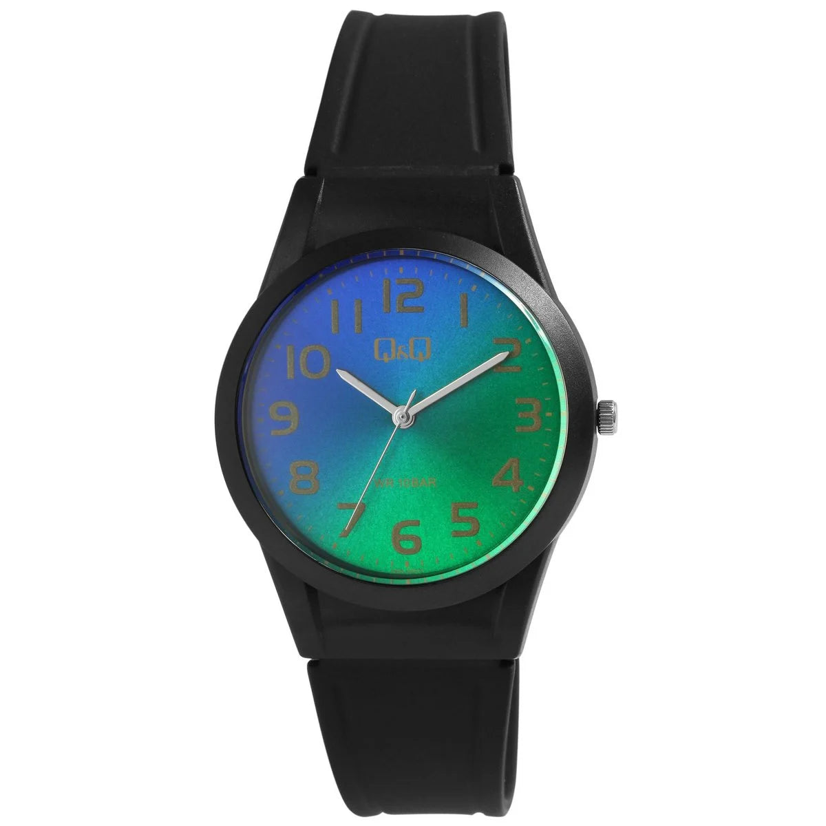 Q&amp;Q Unisexuhr mit Silikonarmband, 10 Bar, schwarz, ZB grün/blau