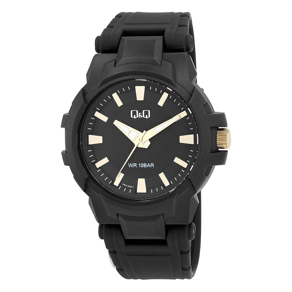 Q&amp;Q Herrenuhr, Kunststoff, Silikonband, Ø 44 mm, schwarz (goldfarben)