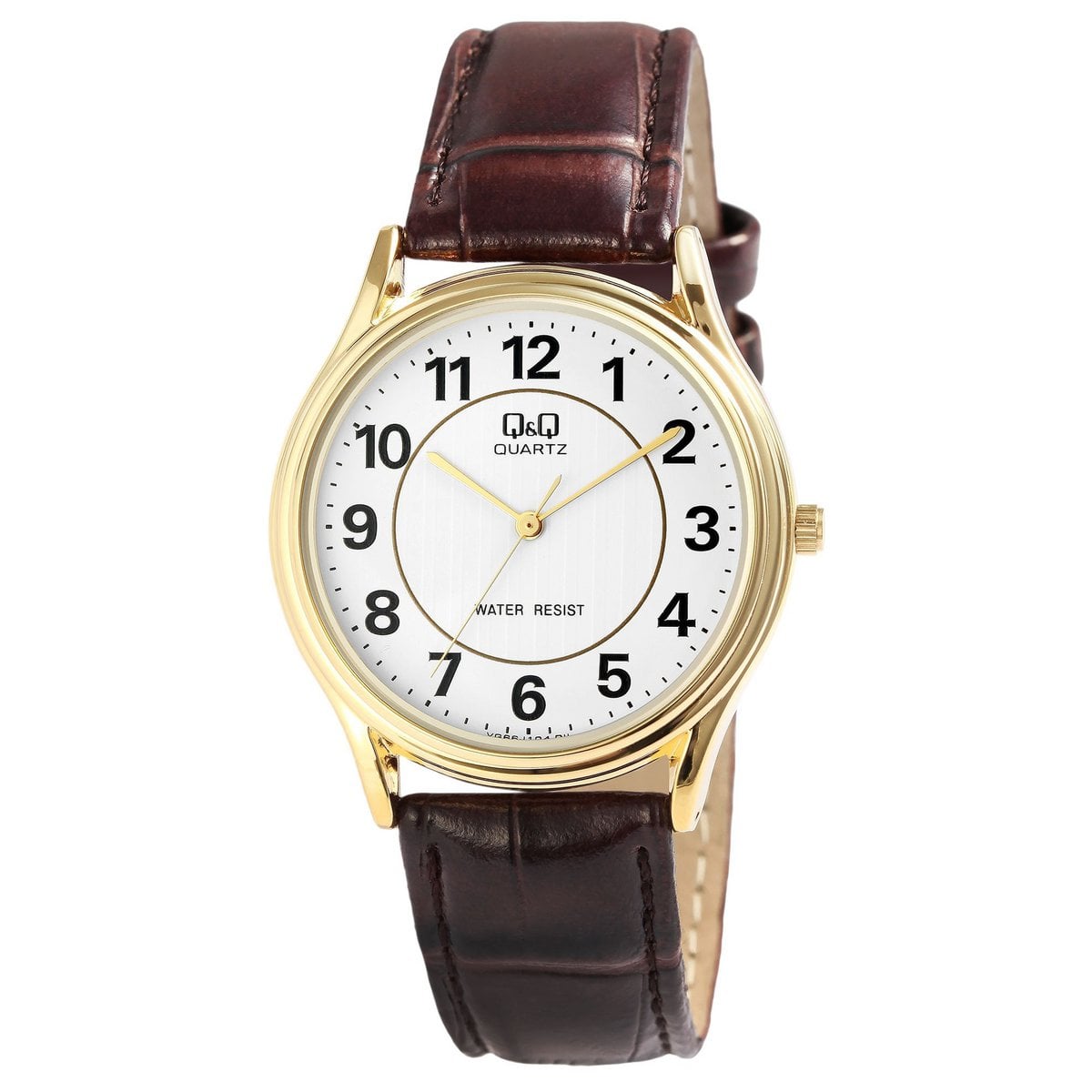 Q&amp;Q Herrenuhr mit Lederimitationsarmband in dunkelbraun/goldfarben, 3 bar