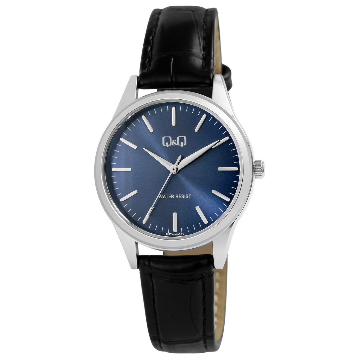 Q&amp;Q Damenuhr mit Lederimitationsarmband, 3 Bar, schwarz/blaues ZB