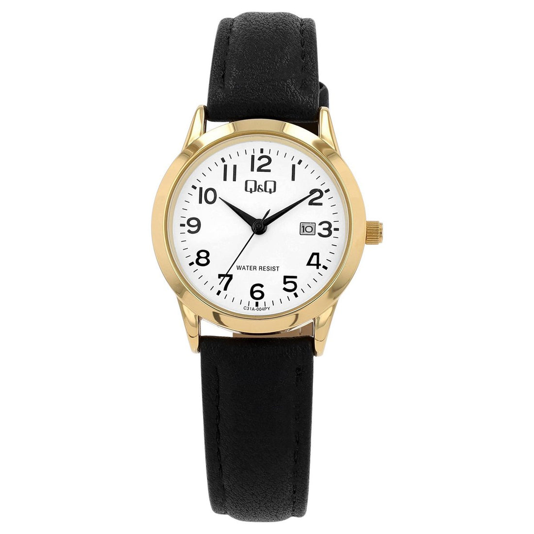 Q&amp;Q Lederbanduhr für Damen, Datumsanzeige, schwarz/goldfarben