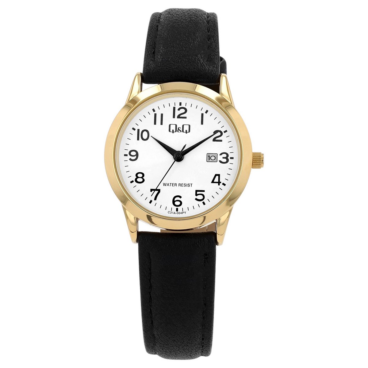 Q&amp;Q Lederbanduhr für Damen, Datumsanzeige, schwarz/goldfarben