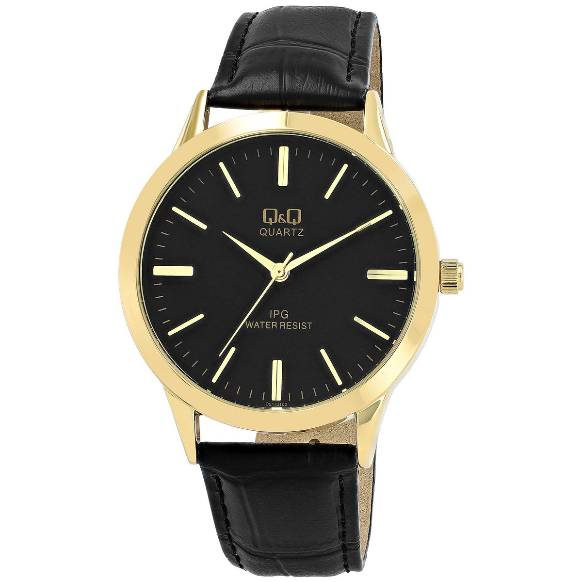 Q&amp;Q Damenuhr, Lederimitat, schwarz/ goldfarben